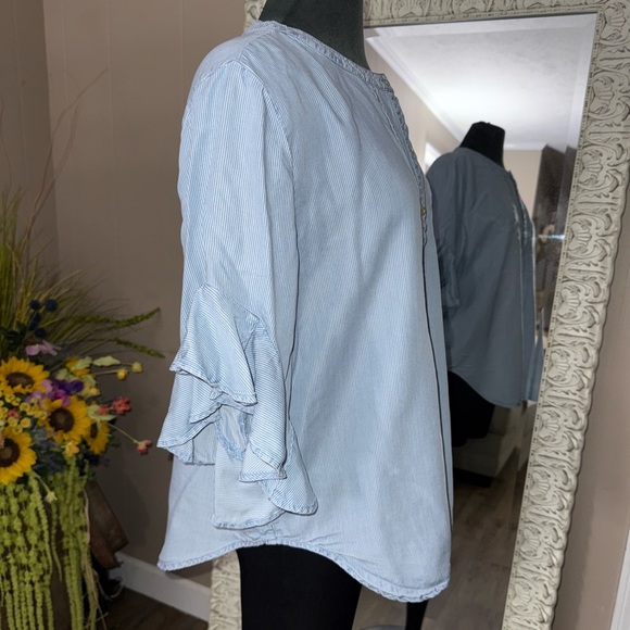 Ruby Rd. • Pinstripe Flutter Sleeve Chambray Blouse - Picture 6 of 11